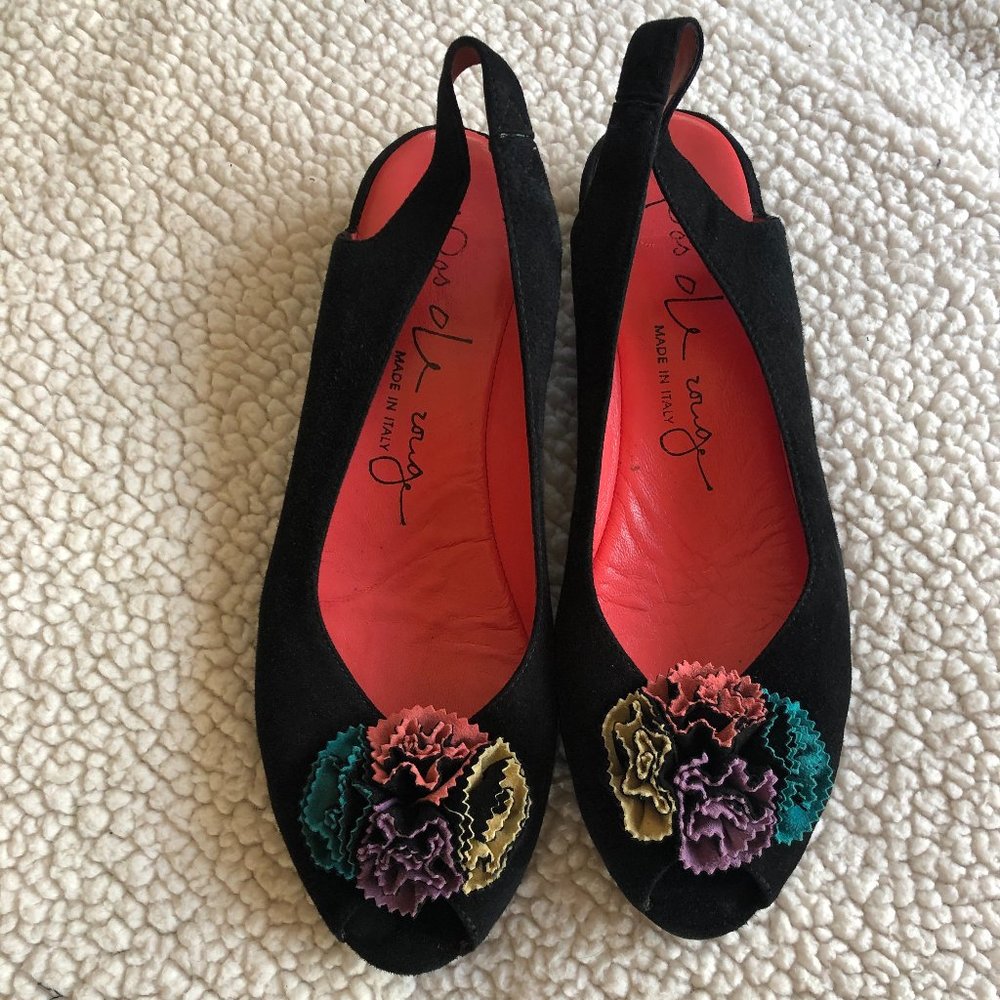 Italian Pas de Rouge Open Toe Black Suede Shoes